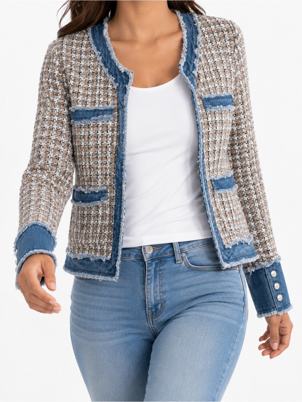 Nanette Lepore NWT Tweed Denim Trim Jacket Blue Tan L